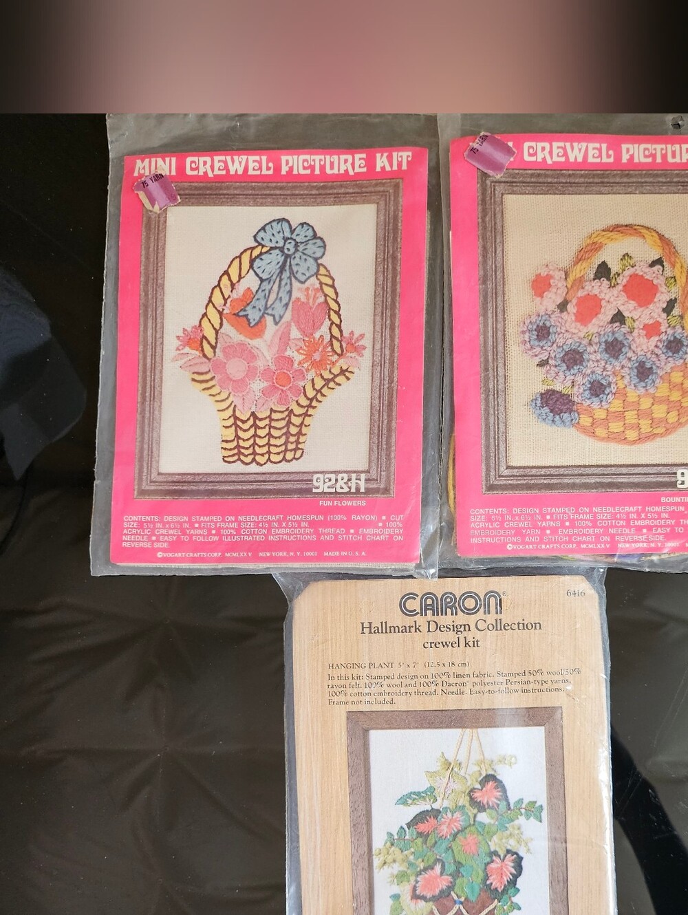 ×3 Mini Crewel Picture Kit "Bountiful Basket" "Hanging Plant" Flowers Embroidery